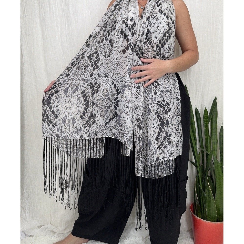 Long Oversized Silk Scarf Fringe Snake Print Indie Grunge Boho Layering Festival